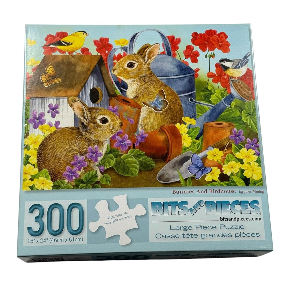 Bits And Pieces Bunnies And Birdhouse Maday Large Format 300 Pcs Puzzle Complete